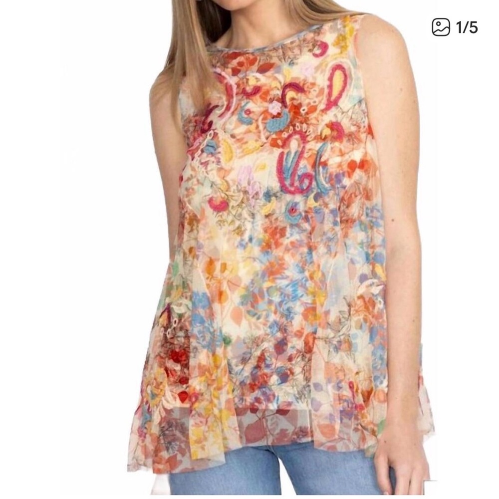 Johnny Was Multicolor Floral Sleeveless Mesh Camisole, Embroidered, Boho, Sheer